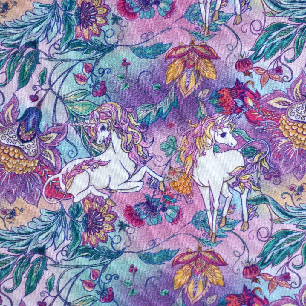 Preview: Baumwolljersey Einhorn rosa lila türkis